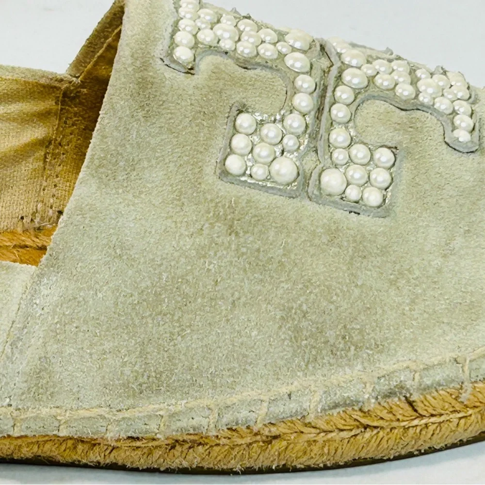 Tory Burch Pearl Logo Flat Espadrille in Black Nappa Leather and Beige Suede 6.5